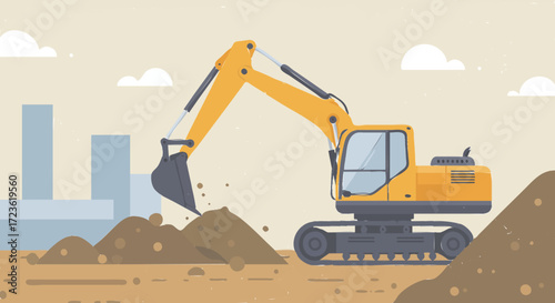 Flat vector 2D design of a construction site with workers wearing helmets, scaffolding, and safety signs, modern flat style