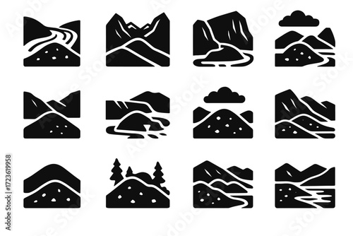 Line vegetation vector icon moraine set sky above wall field tree