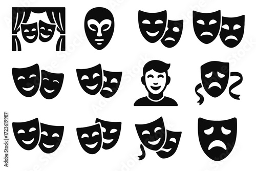Theatrical abstract carved mask design icons vector icon masks tragic face theatre