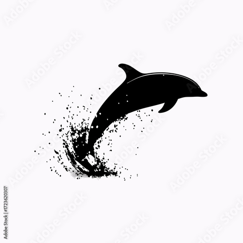 Dynamic black dolphin silhouette jumping out of water with splash effect. Elegant marine animal graphic.