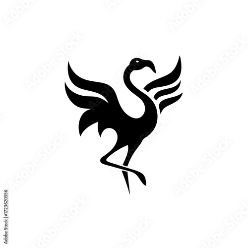Elegant black silhouette of a stylized exotic bird, resembling a flamingo or phoenix, standing on one leg with outstretched wings. Graphic design.