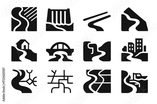 Lines form pollution icon impact source dam boat vector river dock meander