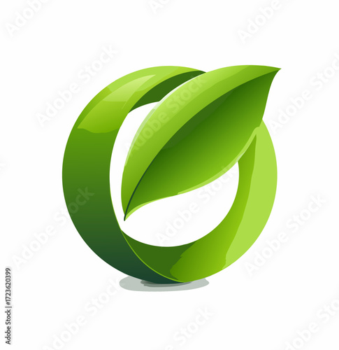 Vibrant green letter O initial with a fresh leaf design. A symbol for nature, organic products, and eco-friendly concepts.