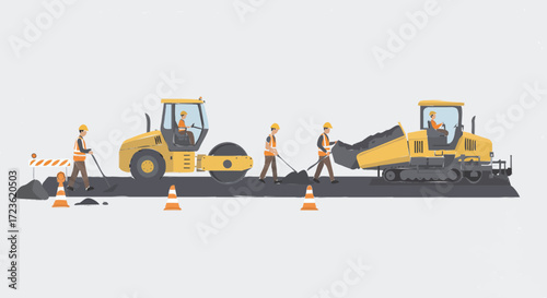 Flat vector 2D design of a construction site with workers wearing helmets, scaffolding, and safety signs, modern flat style
