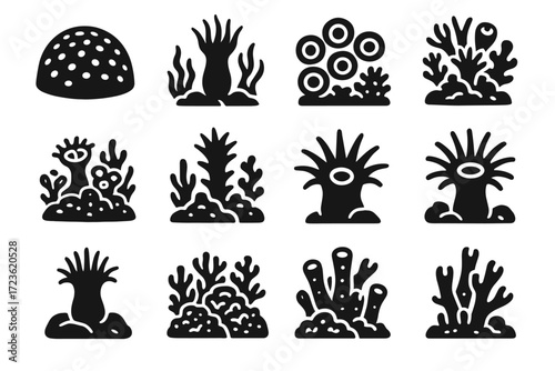 Tubular polyps reef coral landscape marine icon colony silhouette set pattern vector