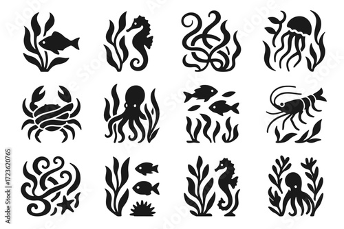 Reef seahorse octopus kelp duo vector icons jellyfish icon creatures marine fish