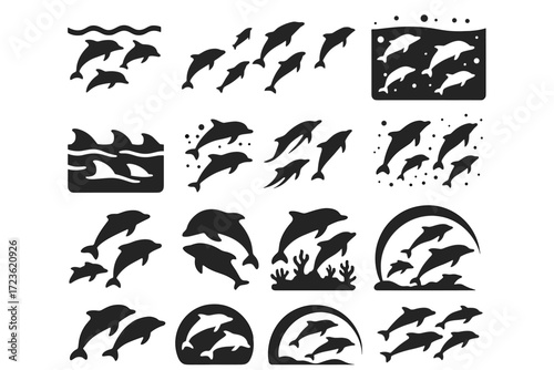 Waves tunnel set icon below plankton fins vector pod bubbles surface dolphin
