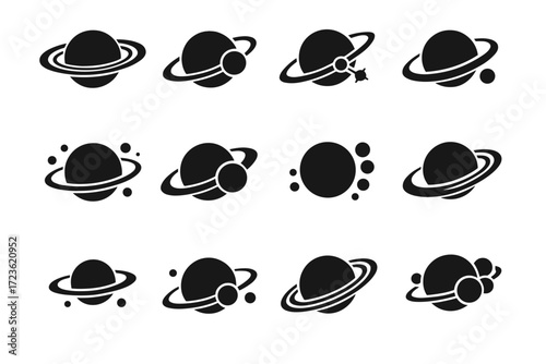 Icon across trio vector rings crossing planet orbit moon planetary ring distant