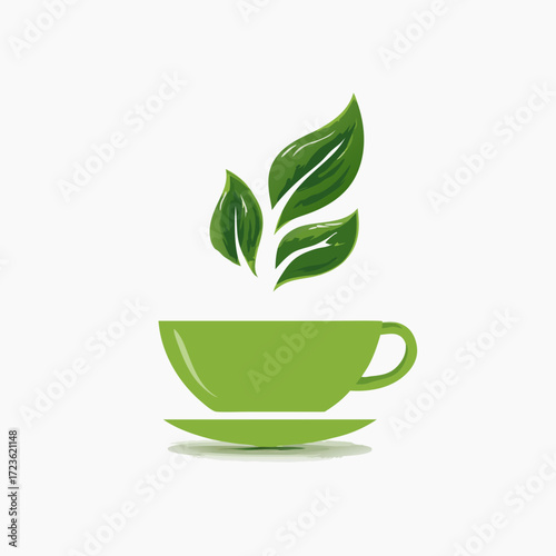 Green Tea Cup with Fresh Leaves Vector Icon. Organic Herbal Beverage, Healthy Lifestyle, Nature, and Wellness Concept Illustration