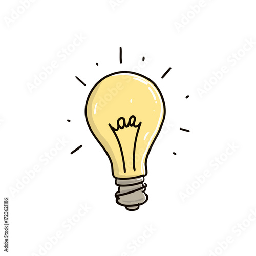 Bright Idea Concept: Hand-drawn Cartoon Glowing Light Bulb with Radiating Light Rays on White Background for Innovation