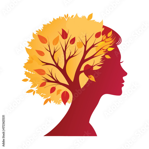 Autumnal Woman Silhouette:  Abstract Tree Hair Design, Warm Tones