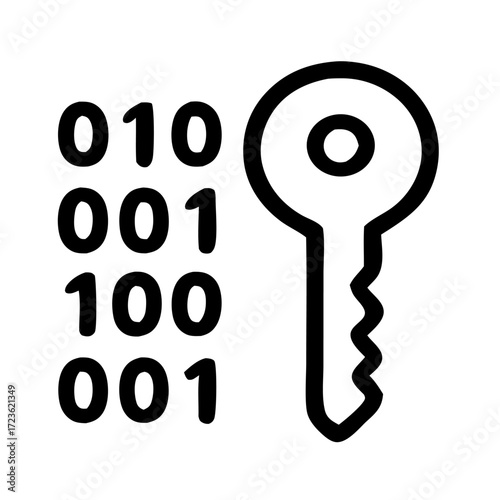 Ikon vektor kunci dengan kode biner, simbol keamanan digital, enkripsi data, dan proteksi akses. Desain outline minimalis cocok untuk teknologi dan keamanan siber
