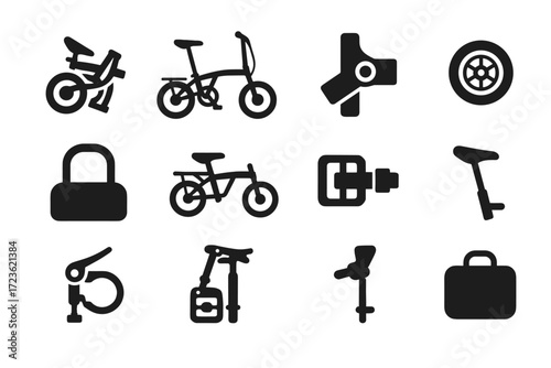 Folding vector pedals icons joint bag frame wheels carry handle icon bike