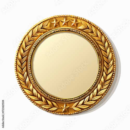 Luxury golden award medal with laurel wreath and stars, blank circular frame for text or image, elegant recognition insignia on white background, symbol of success and achievement.