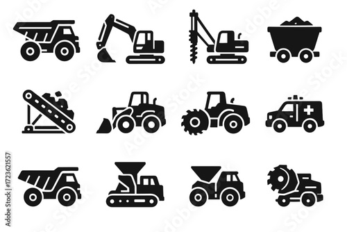 Mining vector conveyor crusher vehicle belt front borer rock icons haul icon