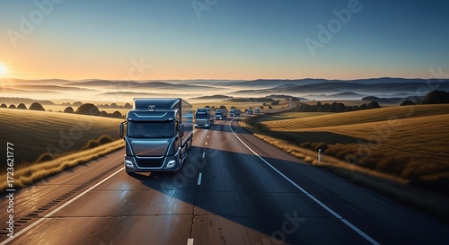 Trucks on Highway at Sunrise.