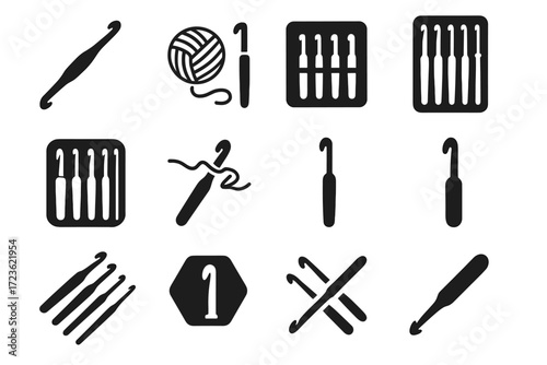 Inside set vector icon transparent arranged yarn ball crochet hook silhouettes icons
