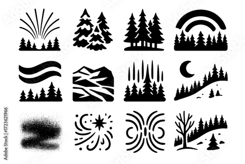 Forest boreal vector slope winter polar aurora icon snowy surface set light
