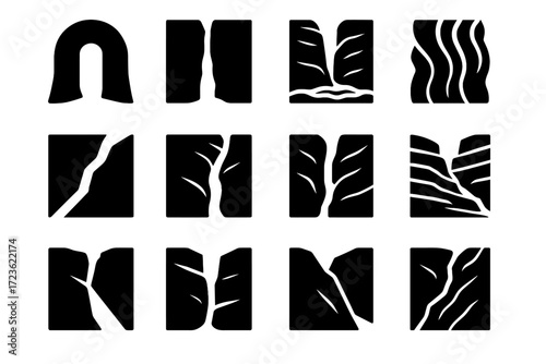 Deep split pass slot base entry overlap icon set vector geological wall