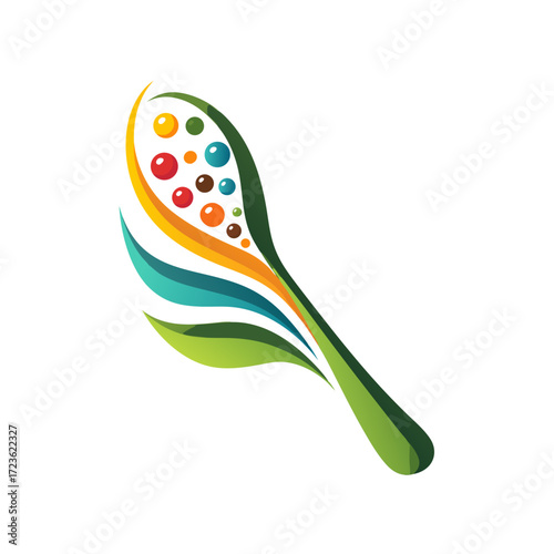 Vibrant abstract spoon illustration with colorful spheres, organic leaves, symbolizing healthy natural ingredients, taste, and fresh food concept.