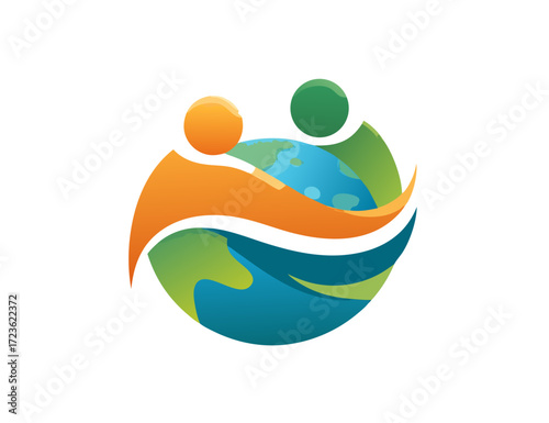Abstract people embracing globe for global community, unity, social responsibility, teamwork, and environmental care concept