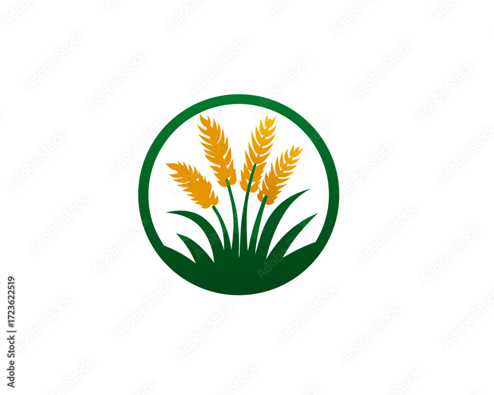 Obraz premium Golden Wheat and Green Grain Stalks Logo Icon. Agricultural Plant Emblem for Organic Food, Farming, Harvest, and Natural Products in a Circle Design.