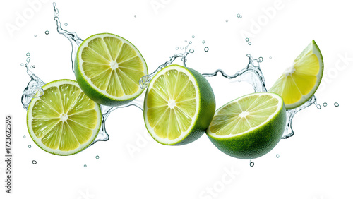 Fresh lime slices splash in water, creating vibrant and refreshing scene. bright green color and dynamic movement evoke sense of vitality and zest