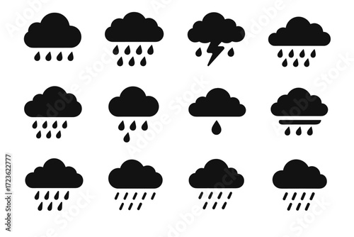 Raindrops vector rain icon single dark shape dense flat cloud falling