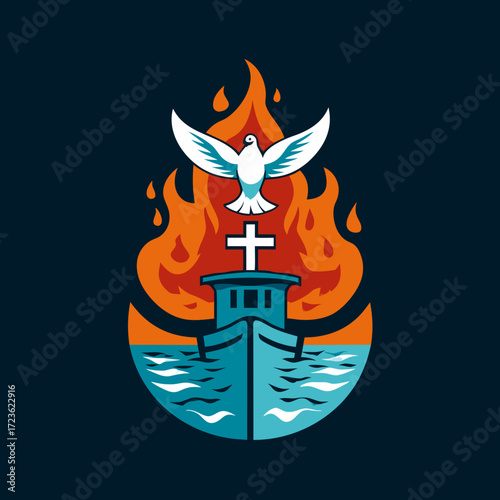 Holy Spirit dove and fiery flame above a Christian boat with a cross on water, spiritual symbol of faith and salvation illustration.