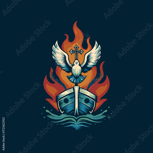 Vibrant retro illustration: Christian Holy Spirit dove with cross, a boat on waves, surrounded by fire. Symbolizing faith, guidance, and salvation.