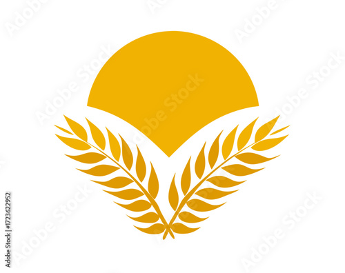 Golden sun and wheat ears symbol. Agriculture, harvest, natural food emblem. Organic farm produce icon for bakery or healthy products.