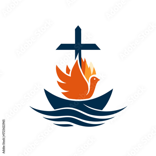 Stylized Christian logo with a cross, a dove with a flame, and a boat on waves, symbolizing faith, peace, and spiritual guidance.