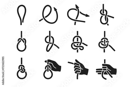 Icons loop shape standing form through pulled working tying vector hand knot
