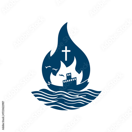 Spiritual Christian journey symbol: cross, boat, birds, and waves within a dynamic flame icon, representing faith, hope, and salvation.
