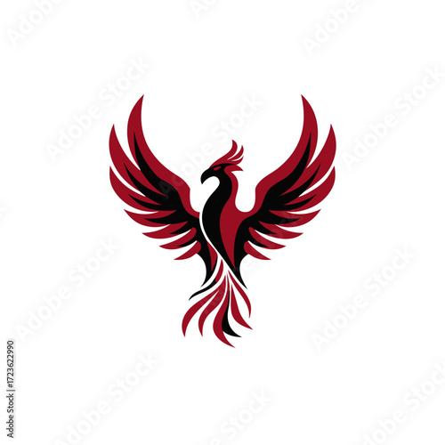 Majestic stylized phoenix vector illustration with spread wings. Mythical bird in vibrant red and black, representing strength and rebirth.