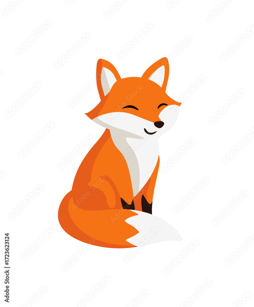 Fototapeta premium Cute cartoon fox illustration sitting, a happy and adorable wild animal character with orange fur and a sweet smile, isolated on white.