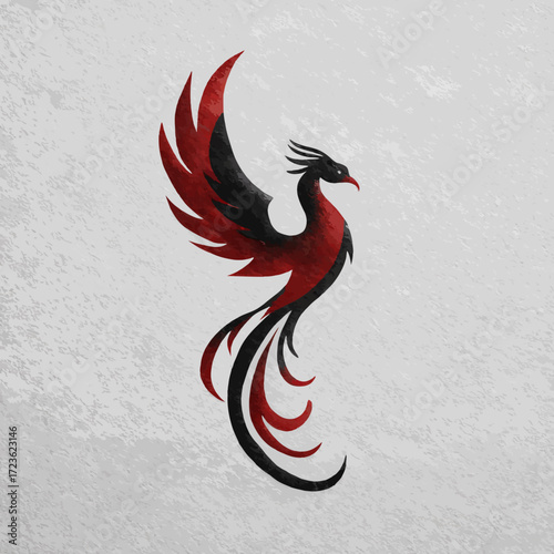 Vibrant Red and Black Phoenix Bird Illustration, Mythical Firebird Symbolizing Rebirth, Power, and Renewal on Textured Background