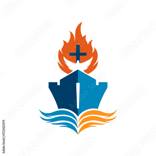 Symbol of faith, knowledge, and spiritual strength with a cross, flame, book, and fortified structure. Education, protection, religion, wisdom.