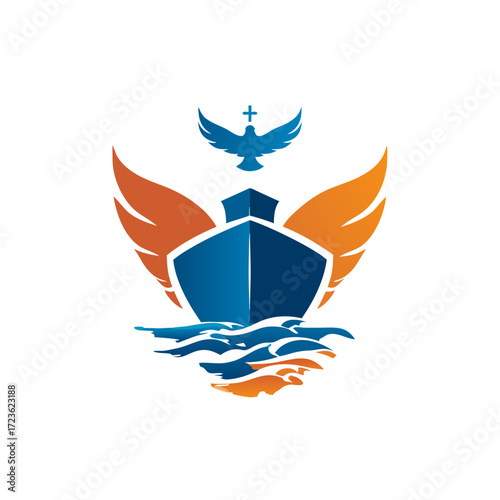 Spiritual journey and protection logo featuring a stylized ship, expansive wings, a dove with a cross, and flowing waves