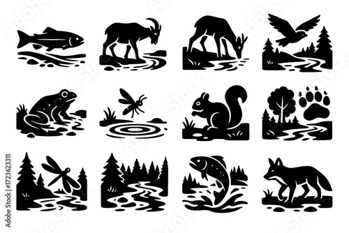 Alpine over vector stream icons drinking near owl bird bear wildlife water