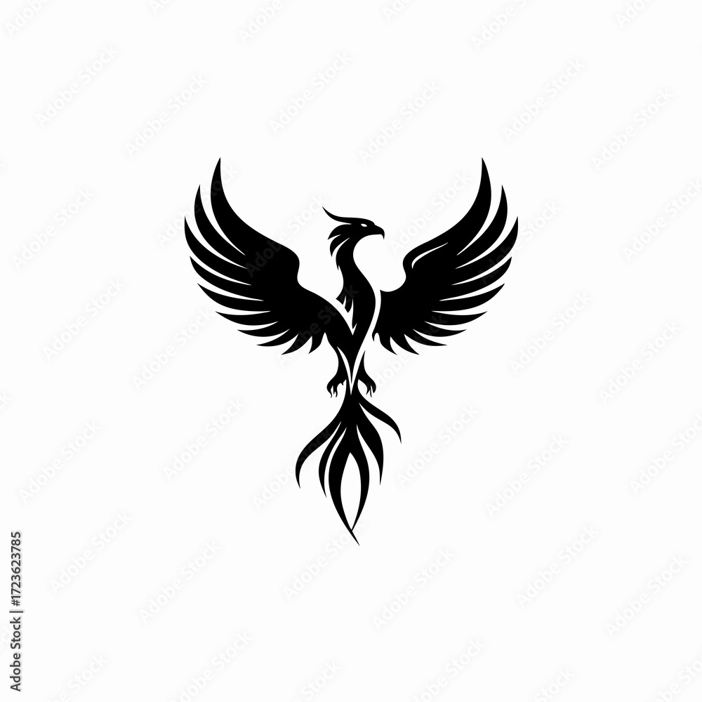 Fototapeta premium Powerful black phoenix silhouette vector art, mythical bird with spread wings, symbol of rebirth, strength, and eternity.