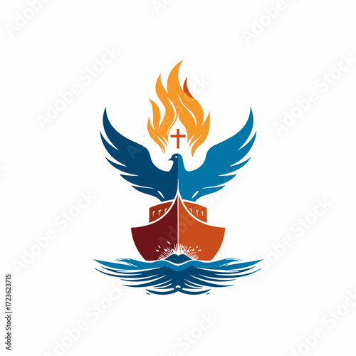 Stylized Christian emblem with Holy Spirit dove, fiery cross, ark, and waves. Symbolizing faith, salvation, and new beginnings.