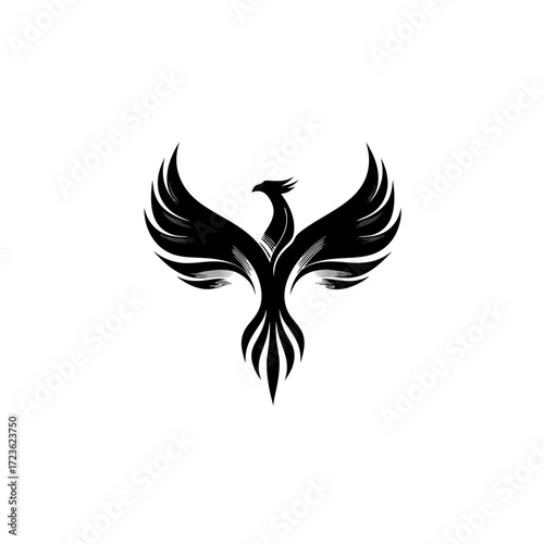 Majestic stylized black phoenix bird logo, powerful mythical firebird icon representing rebirth, strength, freedom, and eternity.