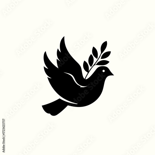 Black silhouette of a flying dove holding an olive branch, symbolizing peace, freedom, and spirituality. Simple vector illustration icon.