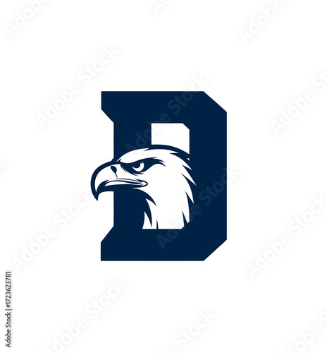 Stylized capital letter D with an aggressive eagle head logo design. Bold predatory bird symbol for sport, strength, or corporate identity.