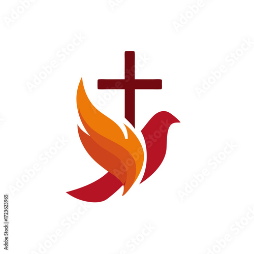 Symbolic Christian cross with a flying dove and an orange flame, representing faith, peace, and the Holy Spirit, on a clean white background.