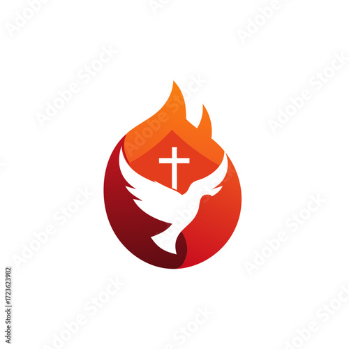 Holy Spirit symbol with white dove, Christian cross, and vibrant flame. Represents faith, Pentecost, and spiritual awakening.