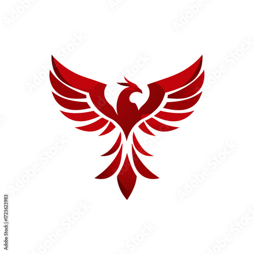 Vibrant red phoenix bird illustration with majestic spread wings, symbolizing power, rebirth, and mythical strength on white.