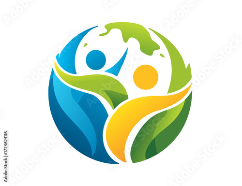 Stylized people embracing globe, symbolizing global community, nature care, unity, and partnership. Earth, environment, and well-being icon.