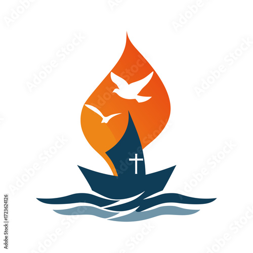 Abstract spiritual symbol: Christian boat with cross, doves, and flame, representing hope, faith, and guidance on a journey.